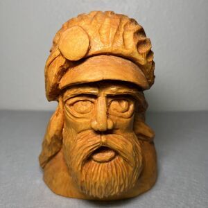 Hand Carved Wooden Santa Head Figurine Bust 6 in.
